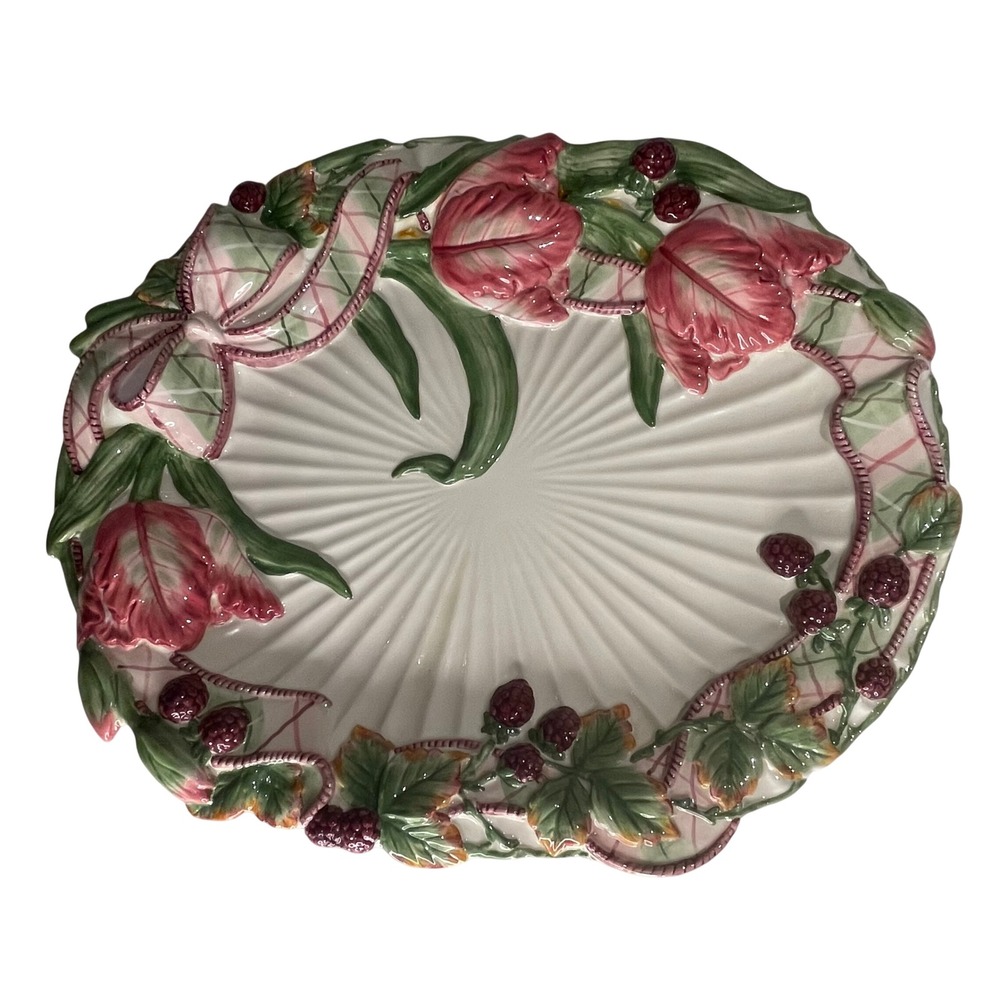 Fitz and Floyd Essentials Blackberry Rabbit Oval Platter Tulip Floral 16 Inch